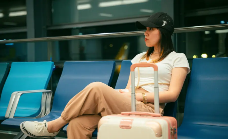 Mujer migrante esperando sola en el aeropuerto
