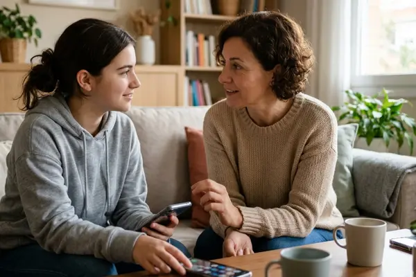 Padres e hijos hablando sobre redes sociales